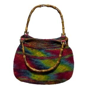Handmade bag wool felted purse multicolored handbag w wooden handle bright color